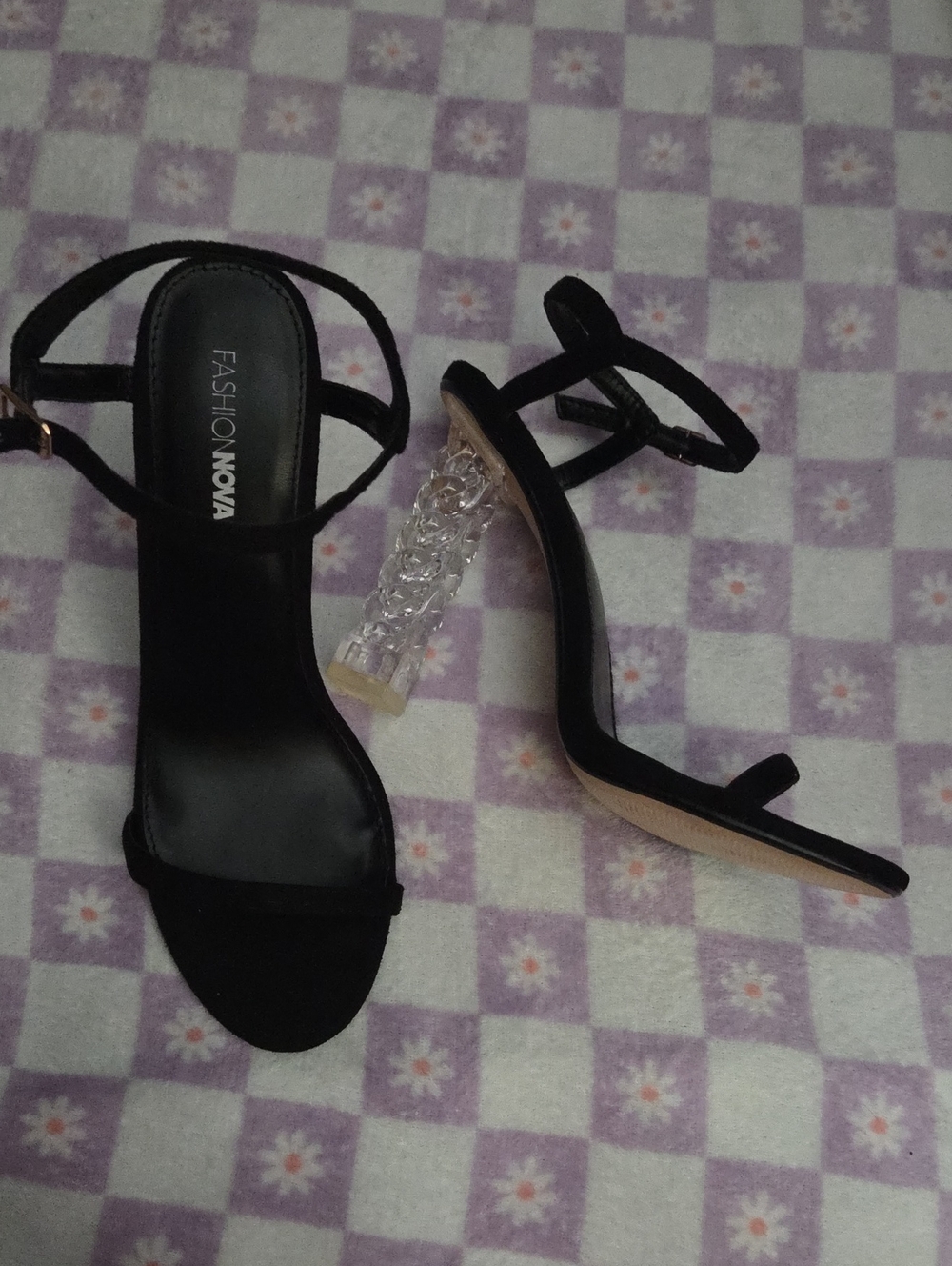 Fashion Nova Black Strappy Sandal with Clear Sculpted Heel